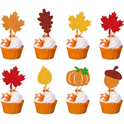 47 Pcs Pumpkin Cupcake Topper Autumn Pumpkin Maple Leaf Fall Harvest Thanksgiving Theme Cake Picks for Autumn Festival Thanksgiving Day Birthday Baby Shower Engagement Party Decorations