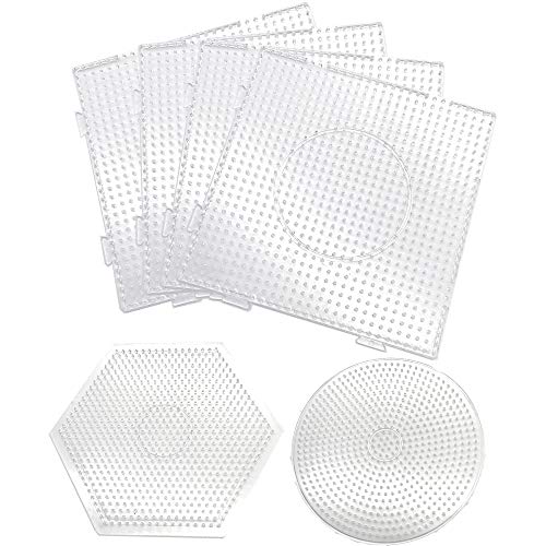 6 Pack 5mm Fuse Beads Pegboards Craft Tray Set, Including 4 Pcs Large Square Clear Plastic Fuse Beads Pegboards, 1 Pcs Round and 1 Pcs Hexagon Fuse Beads Pegboard for Kids DIY Art Crafts