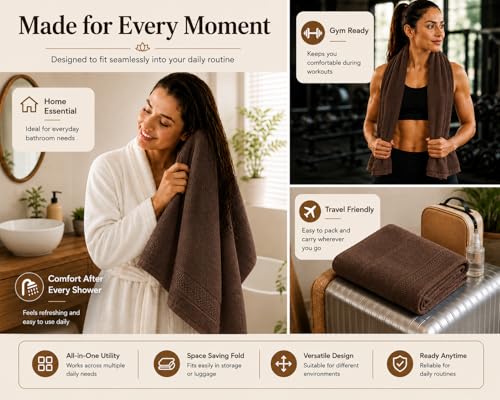 Image of 100% Pure Cotton Bath Towel for Men & Women | 380 GSM Ultra Soft, Highly Absorbent & Quick Dry Bath Towel | Large 55 x 28 Inch Matty Terry Towel for Bathroom, Gym, Travel & Daily Use | Dark Brown