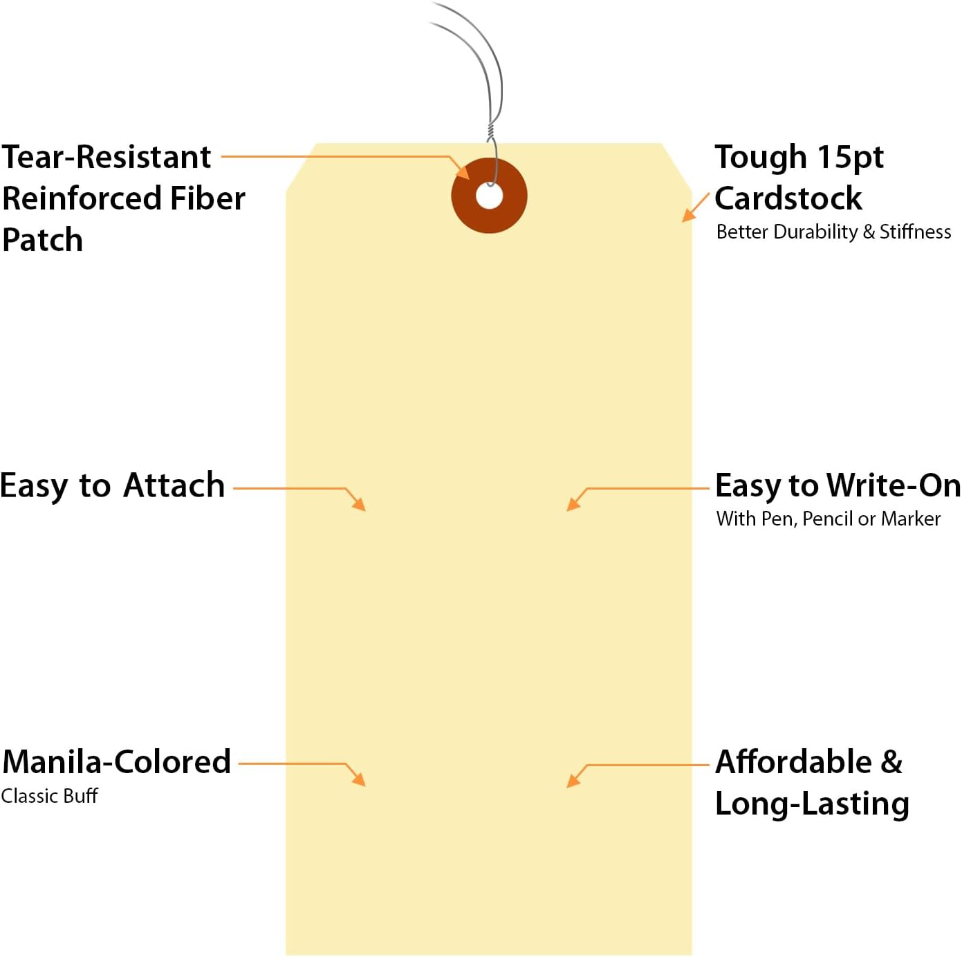 SmartSign Blank Manila Shipping Tags with Wire, Size-10, Pack of 100, 15pt Thick Prewired Cardstock Tag, 7.25 x 3.625 inch Paper Hang Tags with Reinforced Fiber Patch