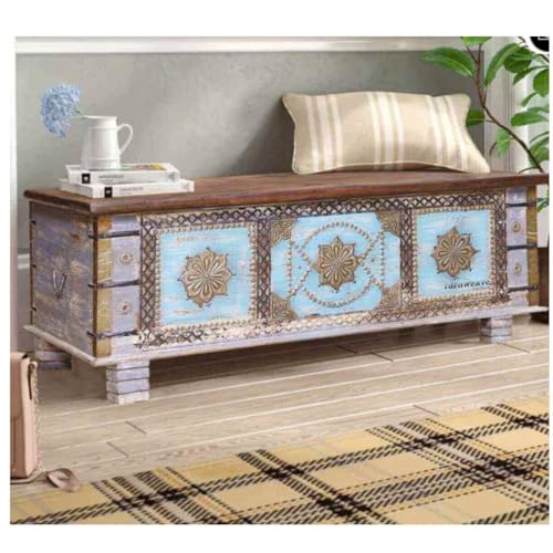 Image of Keve Wooden Trunk Box for Storage | Solid Wood Coffee Table for Living Room | Handcrafted Center Tea Table with Sandook Storage for Living Room | Pitara for Home and Bedroom (Grey Distress)
