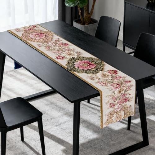 Image of Nuxovilar Pink Floral Table Runner Flax 13x72 in