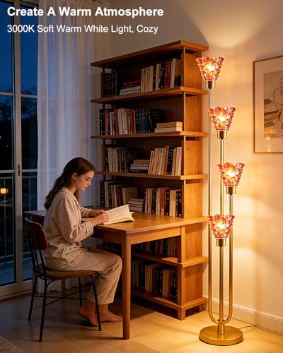 Image of 4-Light Modern Glass Floor Lamp, Gold Tall Standing Lamp with Deep Red Flower Glass Shade, Dimmable LED Floor Lamp with Line Control &5Lbs Heavy Base for Living Room Bedroom, Bulb Included