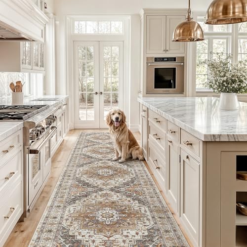 Madane Hallway Runner Rug 2'6''x12', Non Slip Vintage 12ft Runners for Hallways Washable Kitchen Rugs Soft Low Pile 2.5x12 ft Rug Runner for Laundry Room, Entryway and Bedroom, Turmeric/Grey