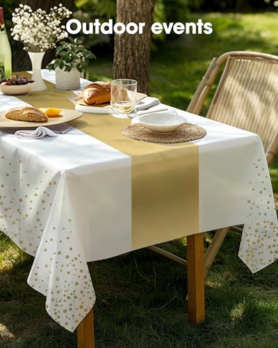 Image of Pureegg Plastic Table Cloth Disposable 10 Pack, 54 x 108 Inch, Table Runner Style, Graduation Decorations 2026, Party Tablecloths, Rectangle, Plastic Cover, Leakproof & Sturdy, White Gold