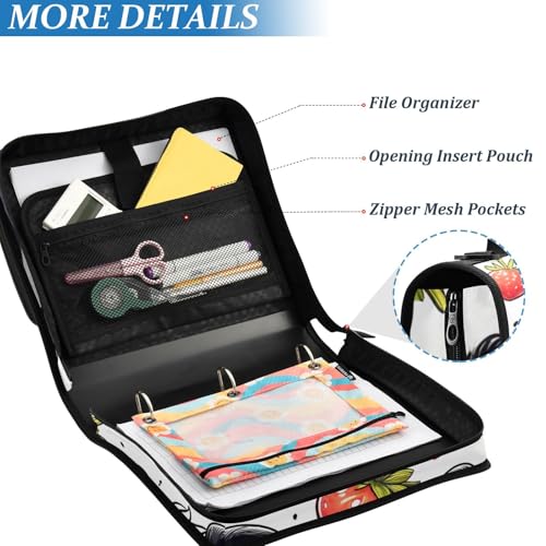 Image of 3 Ring Zipper Binder with Shoulder Strap Panda Red Strawberry 1.5 inch Binders Keeper Large Capacity Multi Pockets for School Office Supplies