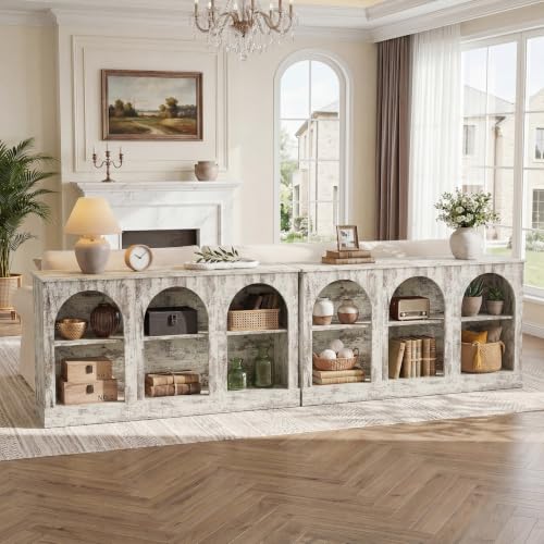 Image of Tribesigns Farmhouse Console Table Set of 2, Extra Long Entryway Table with 3 Tier Storage, Wooden Rectangular Sofa Table Behind The Couch for Entrance, Hallway, Living Room, Distressed White