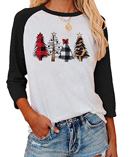 Womens Merry Christmas Plaid Leopard Printed Tree Baseball T-Shirt Funny 3/4 Sleeve Letter Print Graphic Tees Tops (Black, XXL)