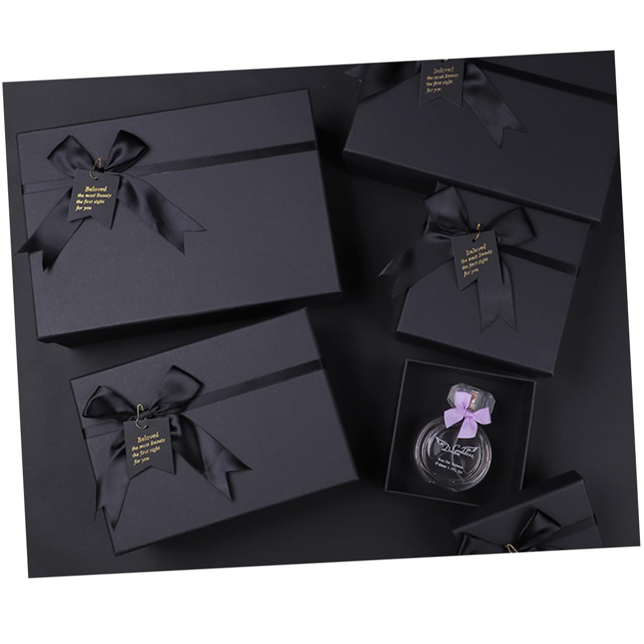 Geschenkbox aus Papier 6 Stück Packung Schwarz mit Romantischer Schleife
