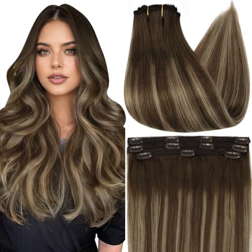 Image of Full Shine Real Hair Extensions Clip in Human Hair, 14 Inch 3 Pcs 60g | Medium Brown to Caramel Blonde Balayage, Clip in Hair Extensions, Lightweight Feel, for Women