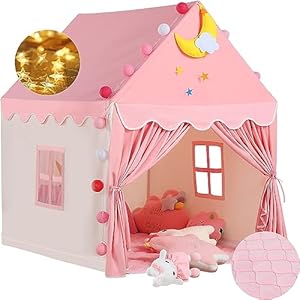 Wilwolfer Kid Tent with Mat, Star Lights – Kids Play Tents for Toddlers Kids Tents Indoor Playhouse – Princess Tent for Girls Toy House Gift (Pink with Cloth)