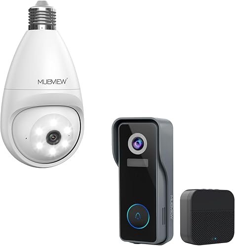 MUBVIEW Cámaras de seguridad inalámbricas para exteriores, cámara de bombilla 2K con timbre inalámbrico, sin suscripción, detector de movimiento,
