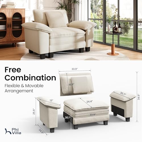 Image of PHI VILLA Oversized Single Sofa Chair with Deep Seat, Cloud Upholstered Reading Armchair, 1 Seater Comfy Sofa Chair for Bedroom Nook, Chenille, Beige