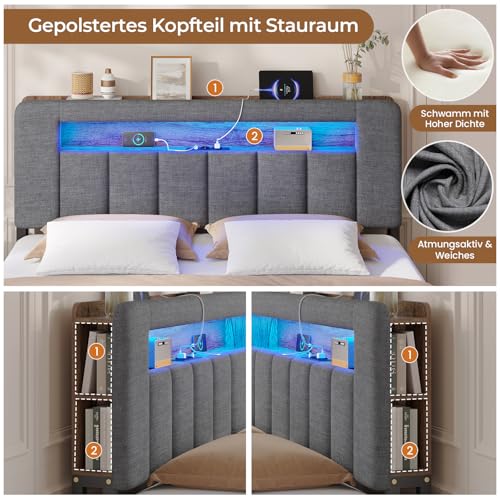 AOGLLATI Polsterbett 140x200 mit Stauraum,Hydraulisches Bett mit LED-Bleuchtung und Ladestation Jugendbett Doppelbett Bettgestell mit Kopfteil aus Samt-Ohne Matratze (Grau Leinen, 140x200cm)
