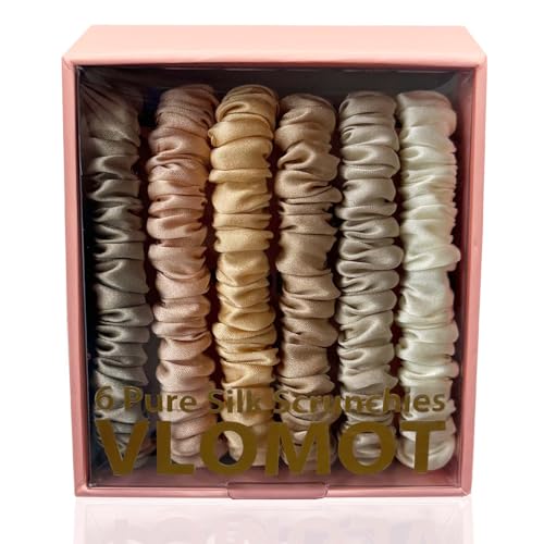 Image of VLOMOT 6 Pcs Set 100% Pure Mulberry Silk Scrunchies Hair Ties with 6 Chic Colors Everyday Skinny Scrunchies Silk Ponytail Holders Hair Care No Damage (Champagne)