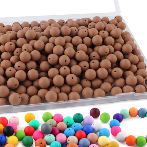 Sunrony 170Pcs 15mm Silicone Beads for Keychain Making, Round Silicone Beads for Pens and Necklace Bracelet Crafts Making(Camel)