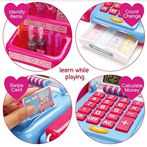 Pretend Play Electronic Beauty Store Cash Register Playset for Girls - 30 Pcs Pretend Money, Salon Calculator, Scanner, Credit Card & Makeup to Develops Early Math Skills Toy for Kids 3-6 Years Old