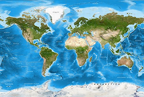 Academia Maps - World Map Wall Mural - Detailed Satellite Image Blue Ocean Map - Premium Self-Adhesive Fabric