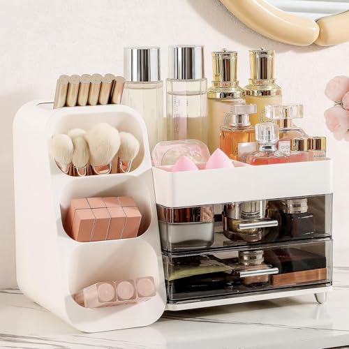 fanado Bling Diamond Makeup Brush Holder, 360° Rotating Makeup Organizer, 5 Slot Make up Brushes Cup for Countertop, Storage for Cosmetics Pen Eyeliner Skincare on the Vanity (Diamond white)