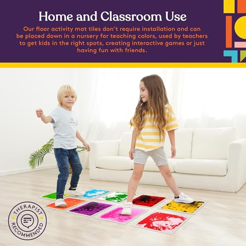 Special Supplies Square Floor Liquid Tiles for Kids, Set of 9, Colorful Early Learning Sensory Activity Mats for Toddlers and Children, Anti-Slip Backing for Active Play, Dance, and Games