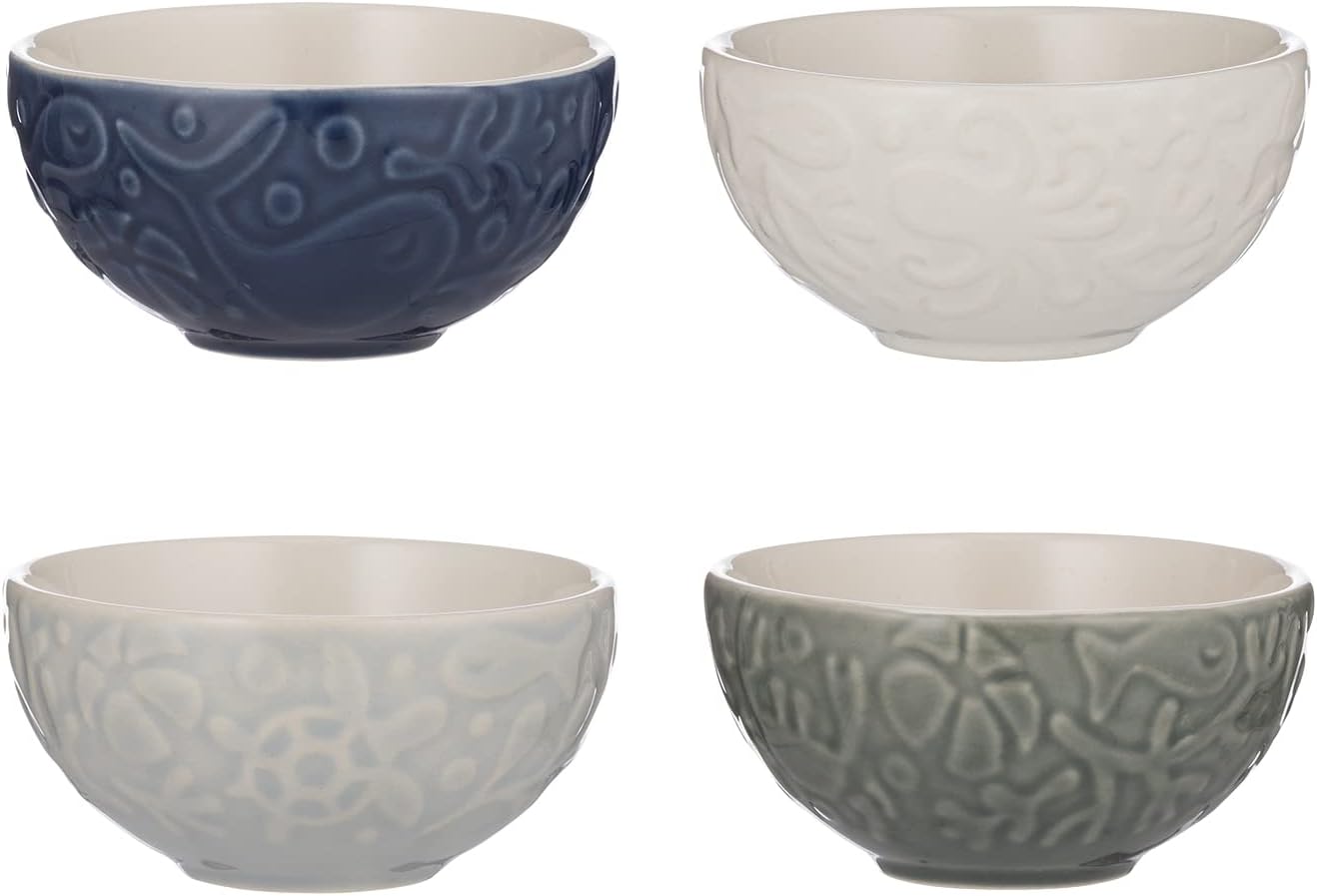 Mason Cash Nautical Preparation Bowls | Set of 4 | 175ml Capacity Each | Stoneware Pinch Pots with Embossed Sea Life Design | Dishwasher & Microwave Safe | Ideal for Ingredients, Dips & Desserts