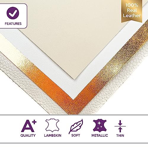 White Leather Fabric For Crafts: 4 Sheepskin Sheets Of White Suede Light Gold Metallic Leather Piece And White Lambskin Leather Hide 5X5In/12X12Cm #TOP1