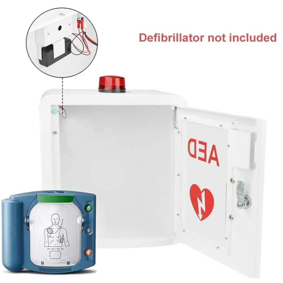 Armario para desfibrilador externo automático (DEA) con cerradura y alarma | Almacenamiento de desfibrilador de primeros auxilios para montaje en pared | Diseño seguro con esquinas redondeadas para