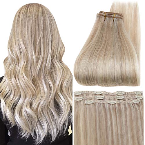 Full Shine Lace Clip In Hair Extensions 18 Inch Straight Hair Clip Ons 18P613 Ash Blonde Mixed Blonde Human Clip In Remy Hair Extensions Full Set 50 Grams Double Weft Clip Extension