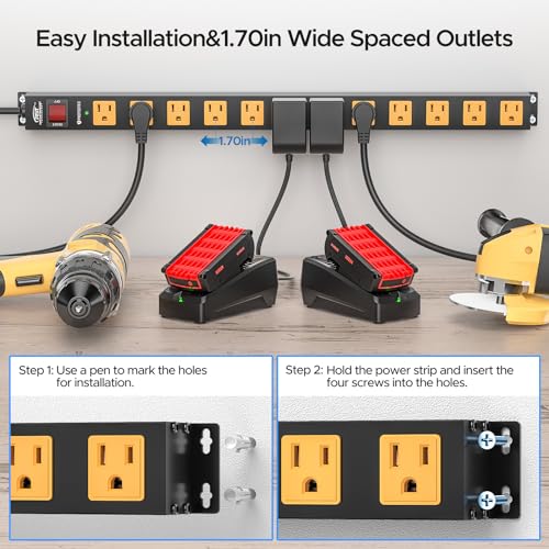 CRST Regleta de alimentación de 12 salidas, protección contra sobretensiones de 2100J, enchufe plano, barra de energía montable de metal con interruptor térmico de 15A, cable de extensión 14AWG de 6 pies para taller y garaje miniatura 4