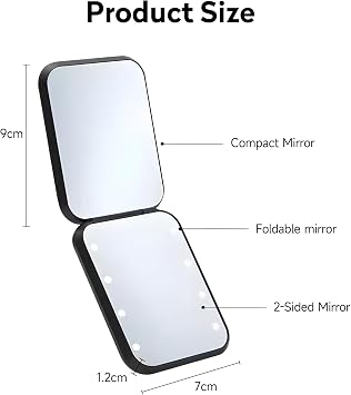 Compact Mirror,2-Sided LED Pocket Mirror,Portable 1x/3x Magnifying Women Makeup Mirrors,Small Folding Travel Mirrors for Purse and Handbag(Black)