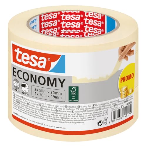 tesa Malerband ECONOMY - 3er-Pack - 2 x 50 m x 30 mm + 1 x 50 m x 19 mm
