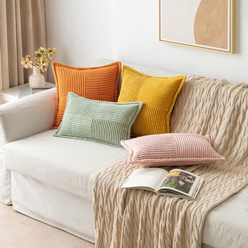 Image of MIULEE Fall Burnt Orange Decorative Lumbar Throw Pillow Covers for Couch Bed Livingroom 12x20 Inch Set of 2 Boho Accent Throw Pllows Broadside Striped Patchwork Soft Corduroy Pillowcases
