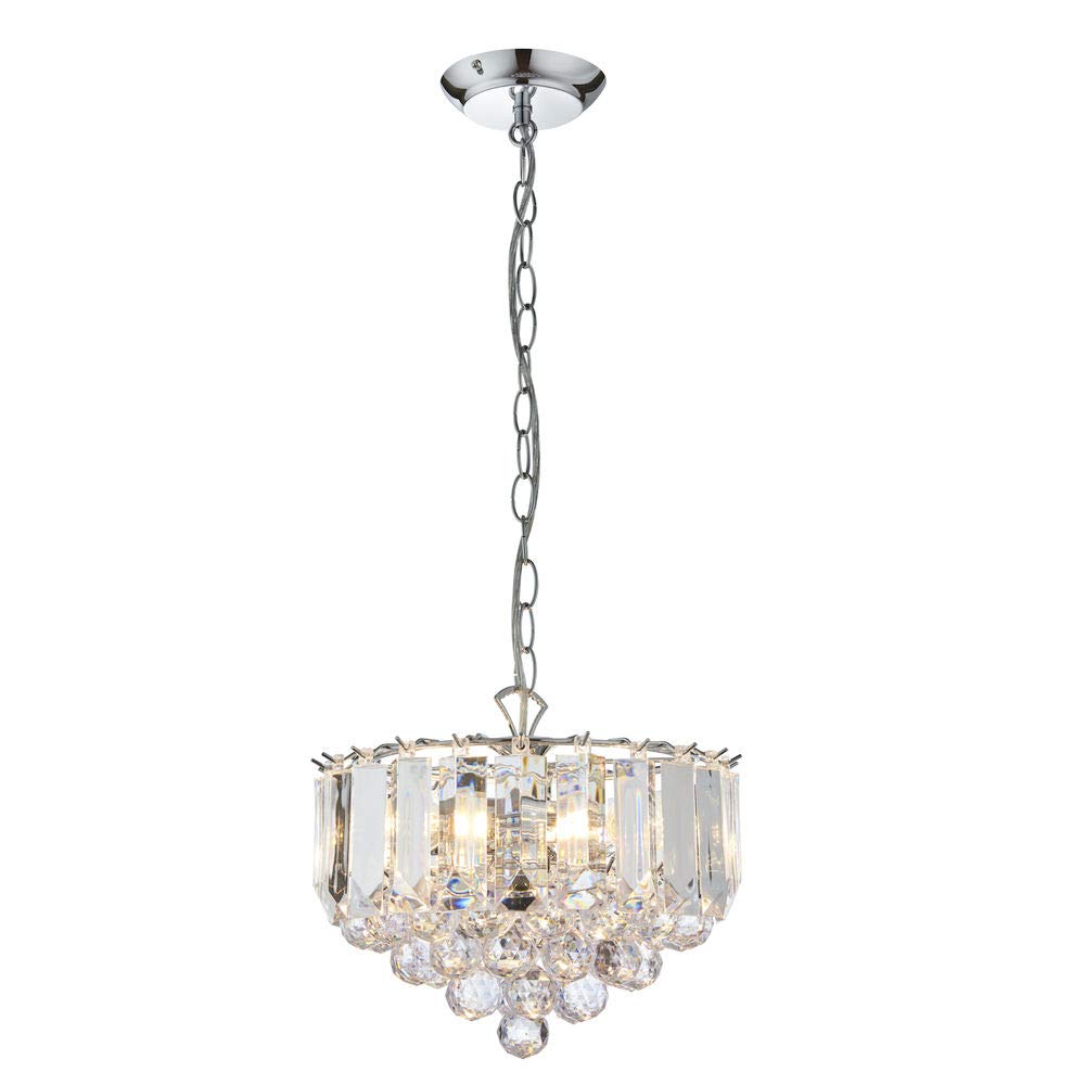 National Lighting SID Decorative Silver Chrome E14 LED Compatible Ceiling Pendant Light Chandelier with Clear Droplets 380mm