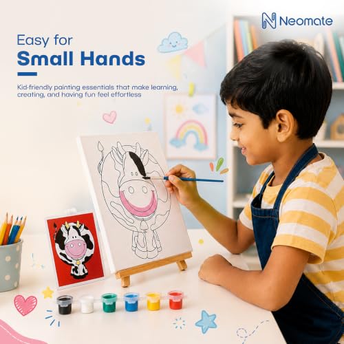 Image of Neomate Canvas Painting Kit for Kids | DIY Painting Set with 3 Printed Canvas, 6 Acrylic Paint Pots & Brush | Art and Craft Kit, Paint Kit for Kids, Birthday Gift, Return Gift, Creative Activity Set