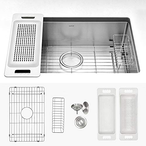 Zuhne 32-Inch Single Bowl Undermount Stainless Steel Kitchen Sink, Strainer, Grid, Caddy, Colander