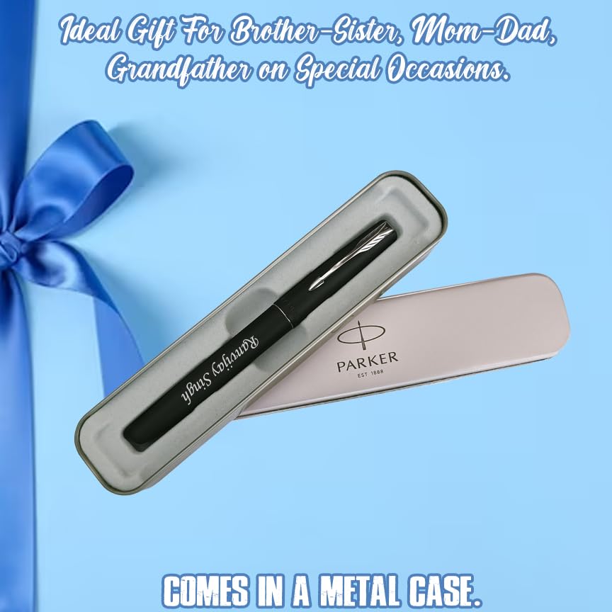 Image of SAVRI Parker Personalized Roller Pen with Name Engraved, Customised Premium Metal Pen, Matte Black with Gold Clip, Corporate Employee Gift for Birthday, Farewell, Diwali & New Year