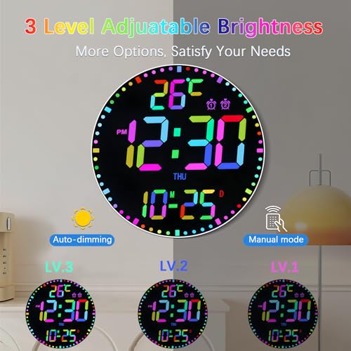 Horloge murale numérique LED 30,5 cm télécommande minuteur date température RVB