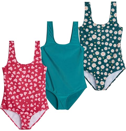 Real Essentials 3 Pack: Girl's Surf UPF 50+ Printed One Piece Beach Swimsuit - Swimwear for Girls