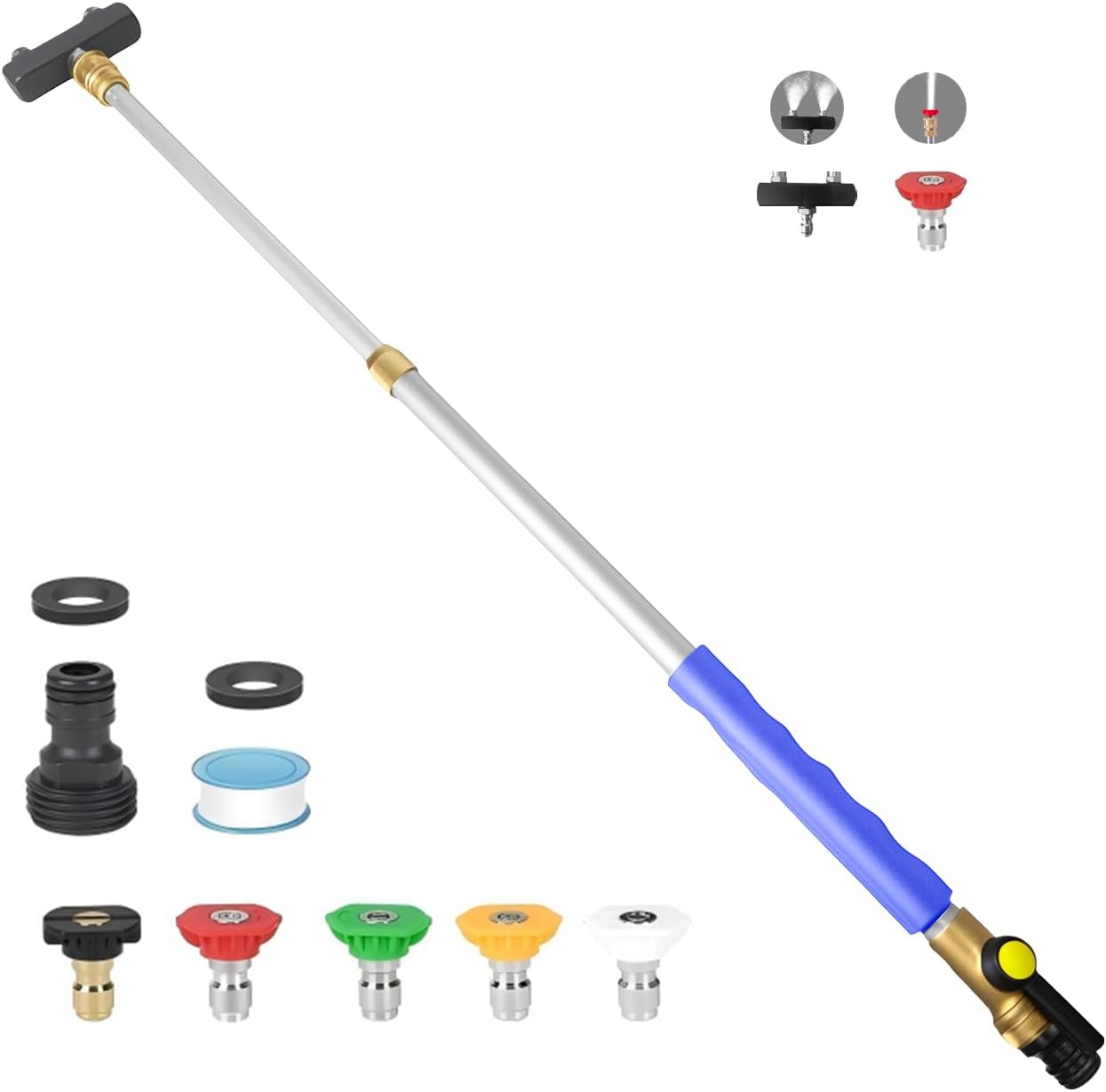 Jet Nozzle High Pressure Hose Nozzle, 2025 Upgraded Extendable Power Washer Wand with 5 Spray Nozzles and 1High Pressure Dual Nozzle Washer Tools for Garden Hose, floor Patio and Car Washing (blue)
