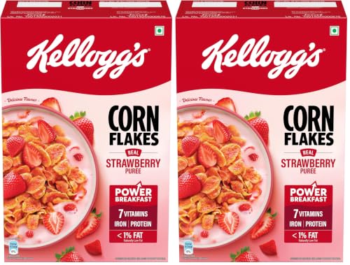 Image of Kellogg's Corn Flakes with Real Strawberry Pure | High in Iron, Vitamins B1, B2, B3, B6, C | Corn Flakes, Breakfast Cereal | Naturally Cholestrol Free, 300g / 345g (Weight May Vary) (Pack of 2)