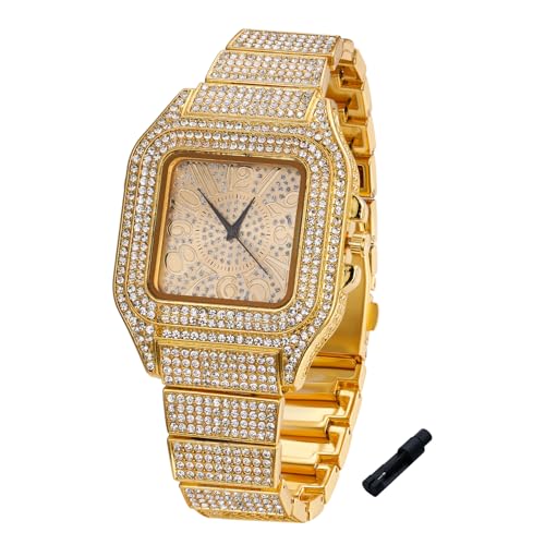 Image of Halukakah Diamonds Watch Iced Out for Boy Teens Kids - 18K Real Gold /Platinum Plated,Arabic Numerals Square Dial,Japanese Quartz - 7.3 inch Length - Optional with Cuban Link Chain - for Birthday,Parties