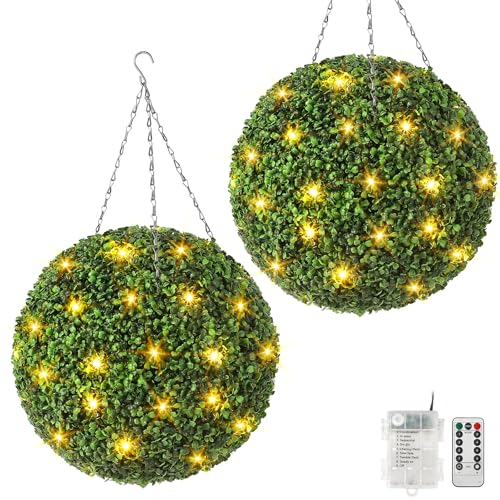 20” Artificial Plant Topiary Ball, Pre-Lit Artificial Topiary Plant with 8 Mode, 40 LED Lights, Battery Operated,and Remote Control, Light Plant Ball for Backyard, Wedding and Home DéCor (2-Pack)