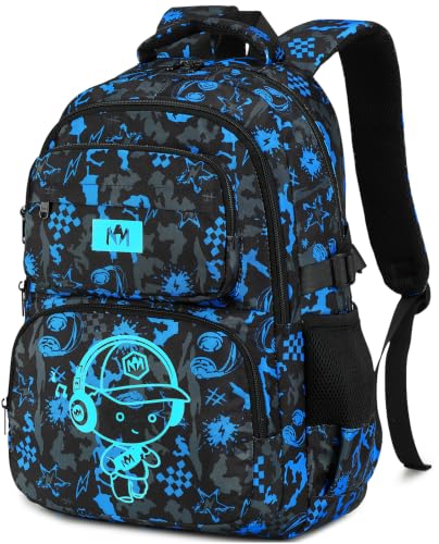 Bluboon Kids Backpack Boys Camo Bookbag Teens Elementary School Bag Daypack Travel Back Pack Middle school (Blue Graffiti - Luminous)