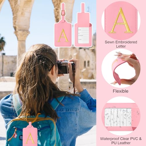 Image of Initial Luggage Tags for Suitcases, Cute Embroidered Letter Luggage Bag Suitcase Identifier Name Baggage Tag, PU Leather Travel Luggage Tags, Bag Tags for Men Women Kids Luggage Handbags(Pink A)