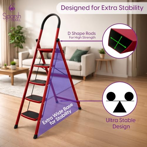 Image of Sparsh Pearl Steel Ladder for Home 5 Steps Foldable with Anti-Skid Wide Steps | 5 Step Ladder for Home Use with D-Shape Rods | Secure Lock | 150 Kg Capacity Folding Ladder | 5 Year Warranty (Red)