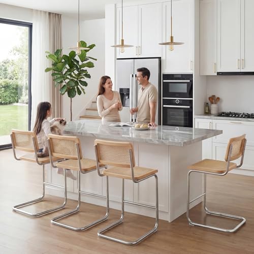 Image of Natural Rattan Counter Stools with Cane Back, 24 Inches Mid Century Modern Cesca Bar Stools, Rustic Bar Stools with Metal Frame for Kitchen Island,Home Pub (Natural, Set of 4)