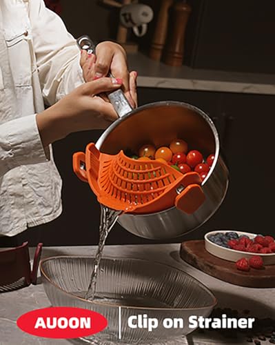 Image of Large AUOON Clip on Strainer for All Pots and Pans - Oversized Silicone Pot Strainer Family-Style Design Pasta Strainer Kitchen Colander for Spaghetti and Noodles | Dishwasher Safe