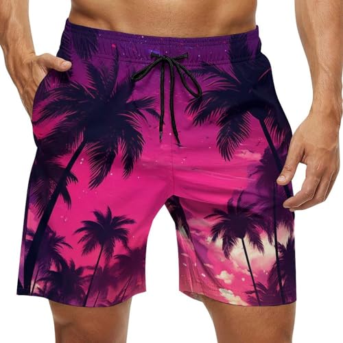 Men Hawaiian Swimsuits Drawstring Elastic Waist Swim Trunks Palm Pattern Beach Board Shorts - Main Image