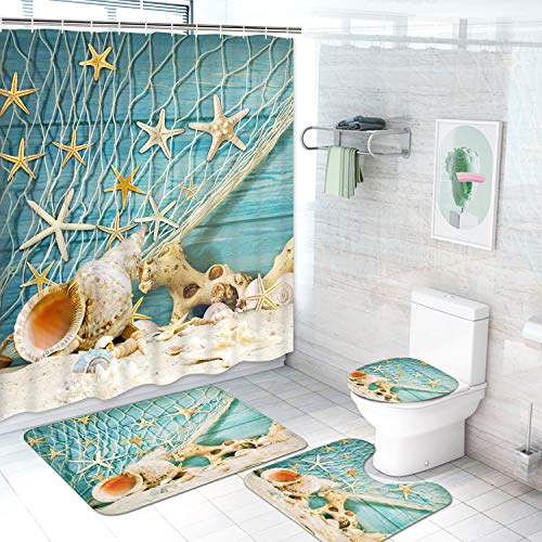 4 Pcs Seashell Starfish Shower Curtain Sets with Non-Slip Rug, Toilet Lid Cover and Bath Mat, Ocean Conch Nautical Shower Curtain with 12 Hooks, Waterproof Beach and Fishing Nets Bath Curtain