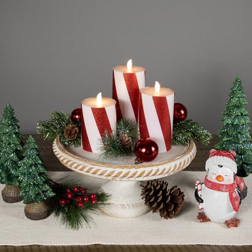 Image of LED Flameless Flickering Candy Cane Wax Pillar Christmas Candles - 6 inch - Set of 3